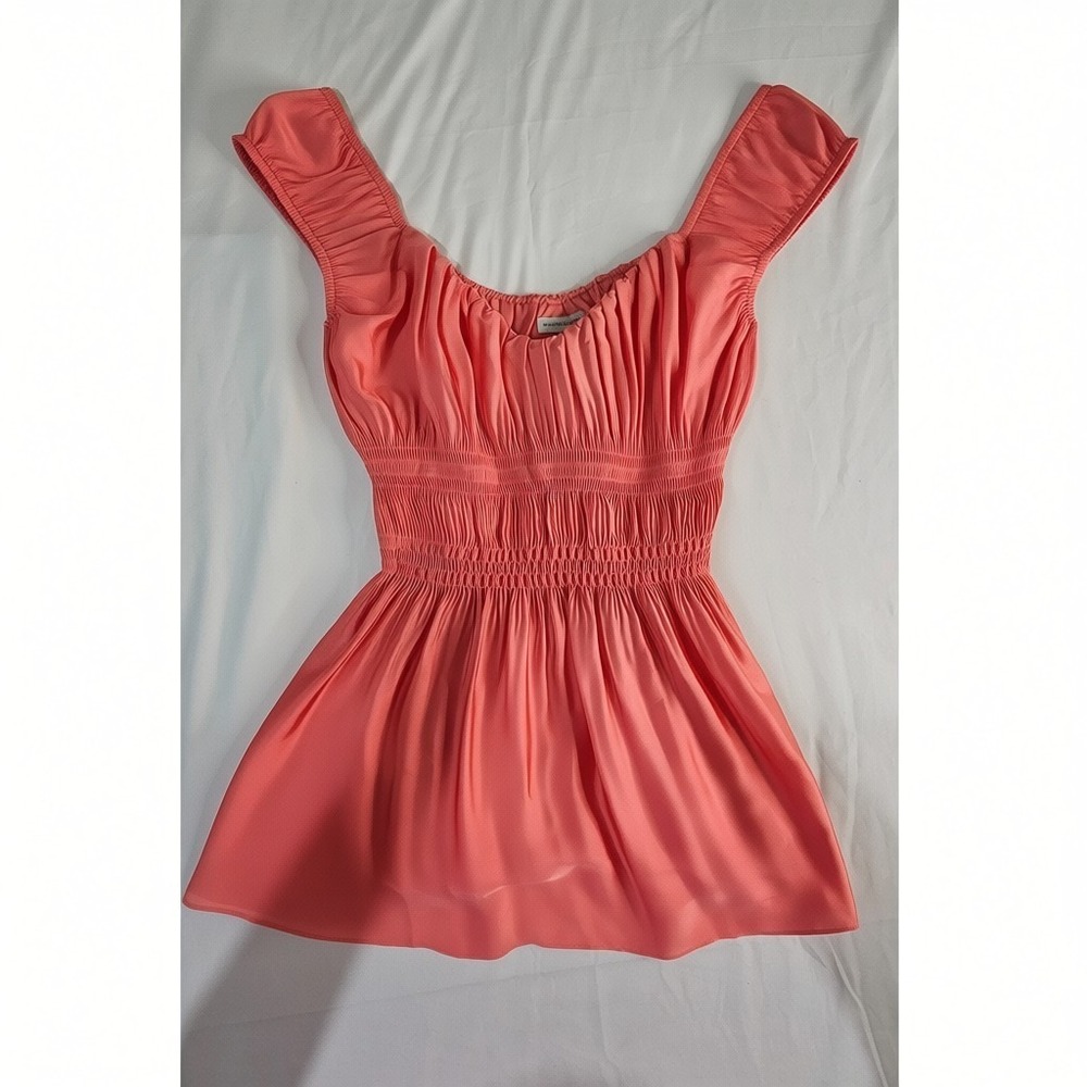 Boston Proper Coral Pink Smocked Satin Blouse Ruffle Cap Sleeve Top XS
